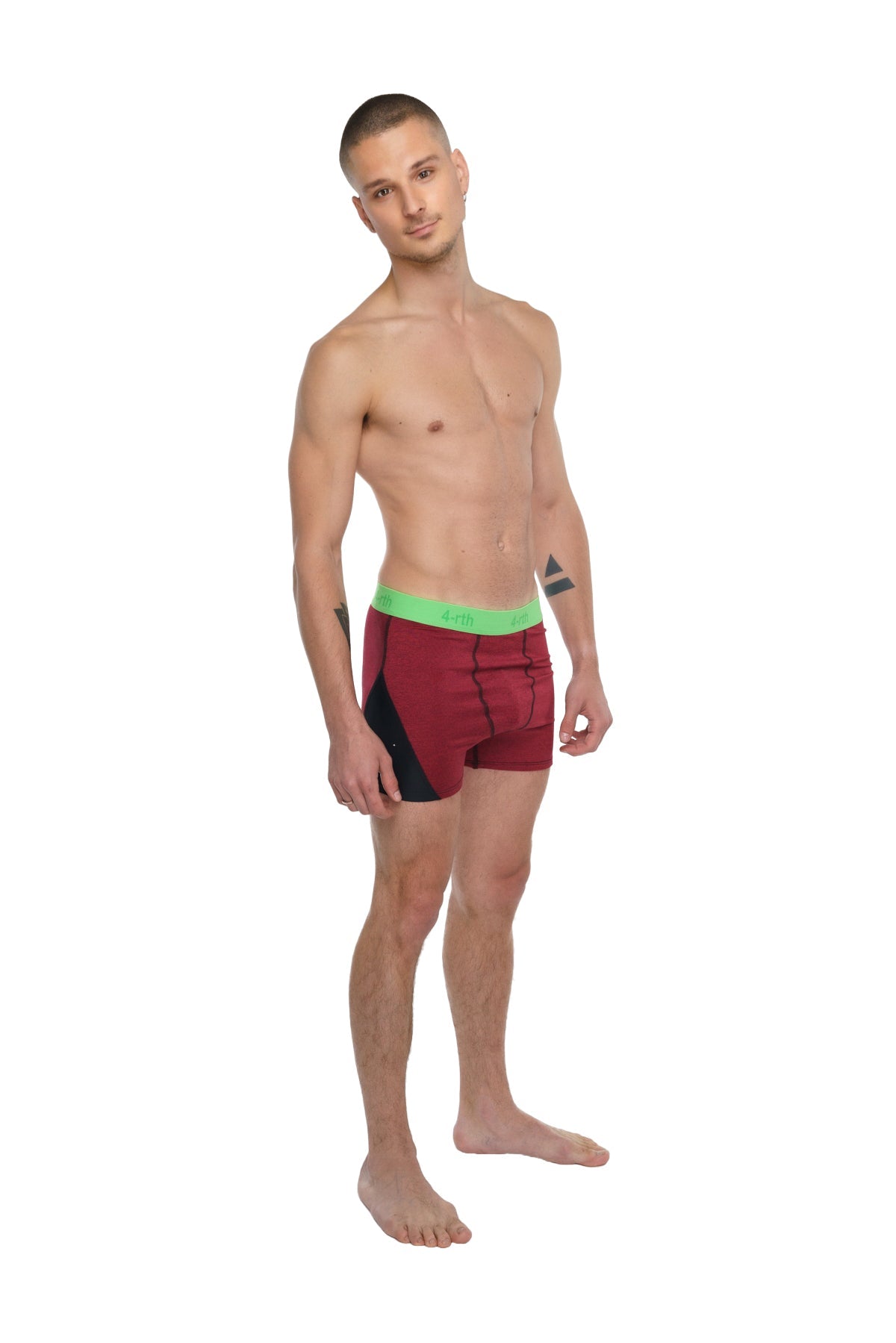 Performance yoga leggings short in brick red heather with maroon and black athletic briefs and bright green waistband