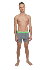 Gray boxer briefs with bright green calvin klein waistband designed for comfort in performance yoga leggings steel heather style