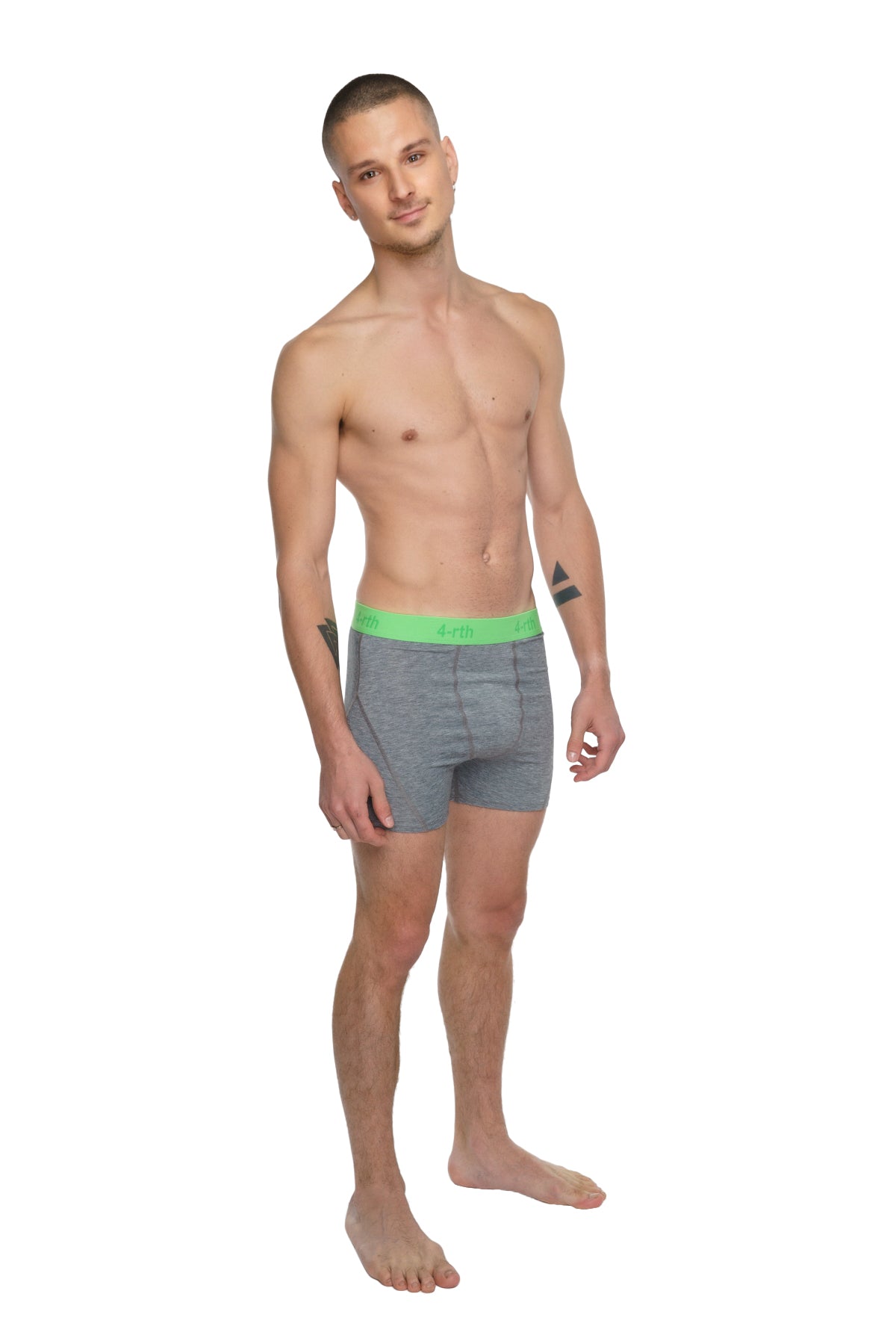 Gray boxer briefs with bright green elastic waistband designed for performance and comfort in steel heather fabric