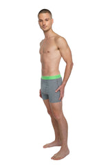 Gray steel heather performance yoga leggings short with bright green elastic waistband for activewear use