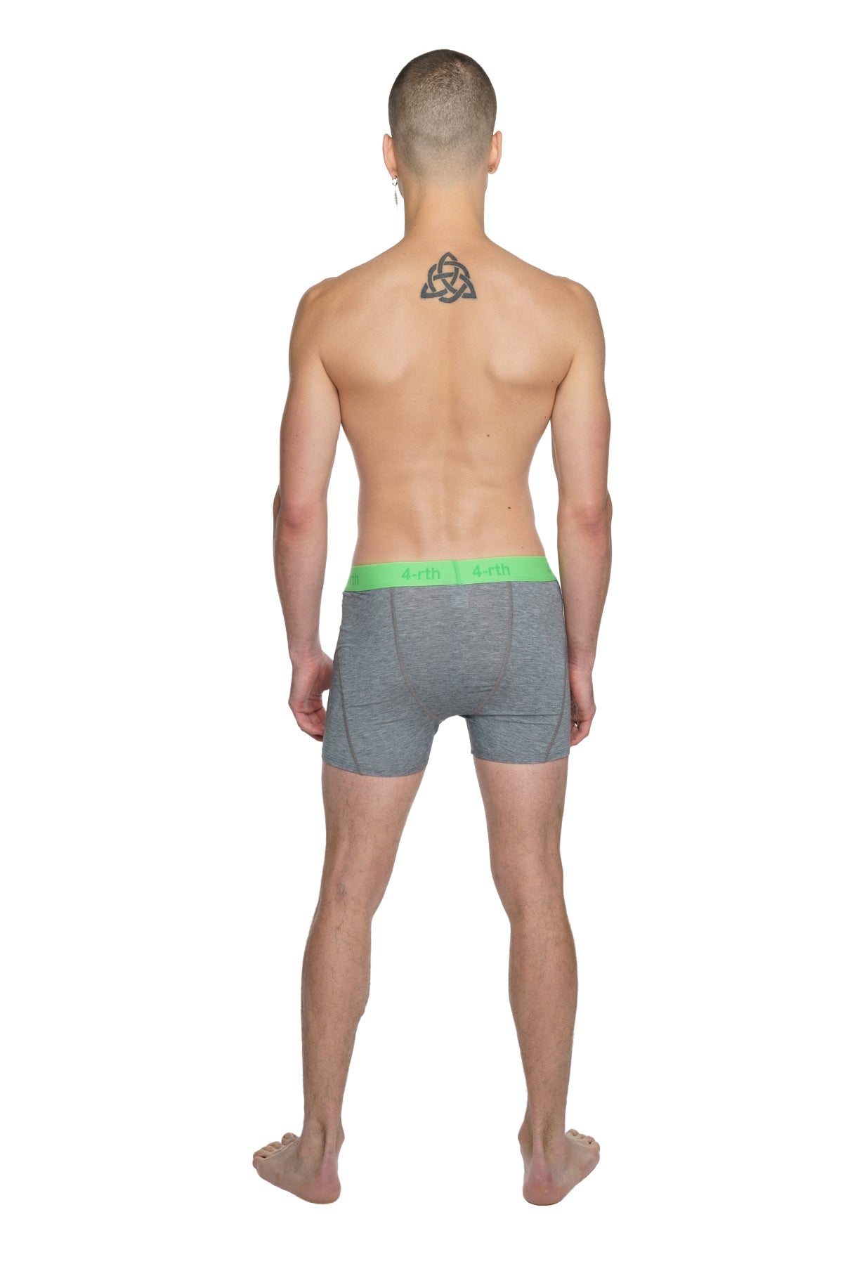 Gray boxer briefs with bright green a.p.c. waistband featured in performance yoga leggings short steel heather style