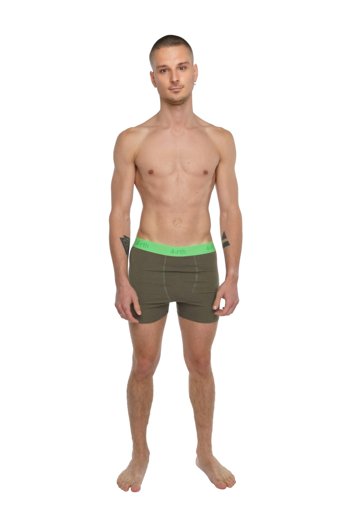 Olive green boxer briefs with bright neon green elastic waistband designed for performance and comfort