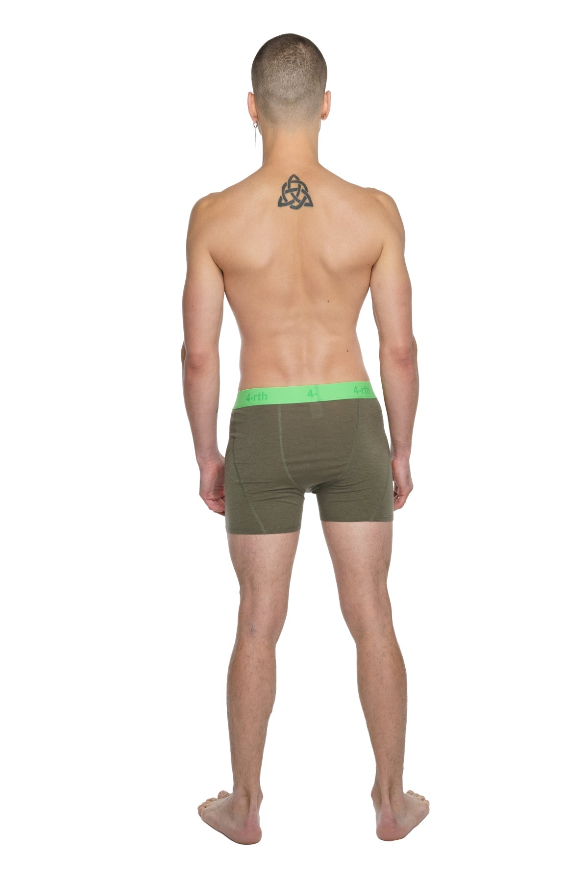 Olive green boxer briefs with bright neon green waistband designed for performance yoga and active wear