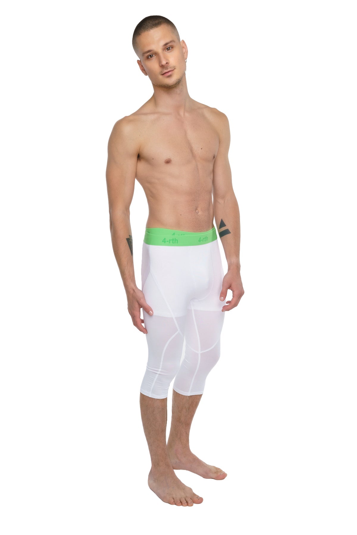Performance yoga leggings 3/4 in arctic white with bright green waistband made for athletic use