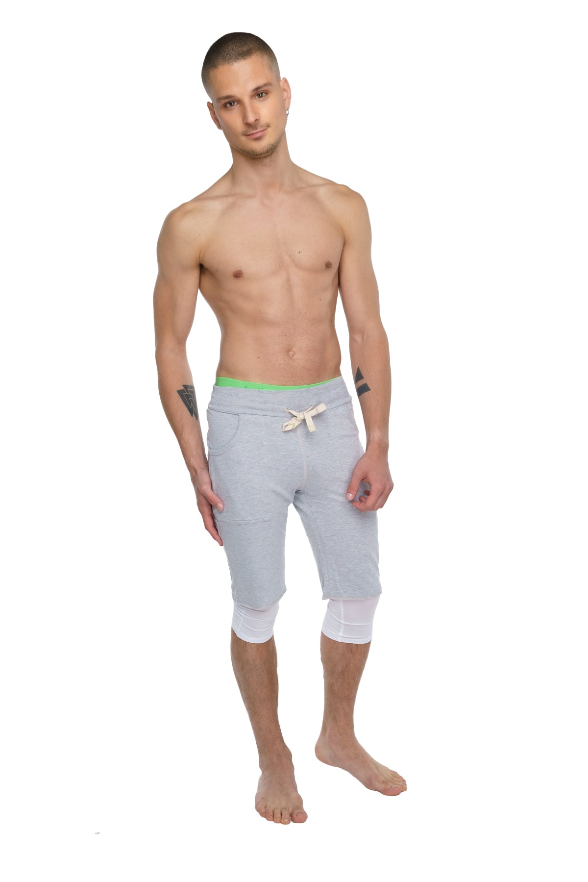 Light gray performance yoga shorts with neon green waistband and white drawstring for athletic wear