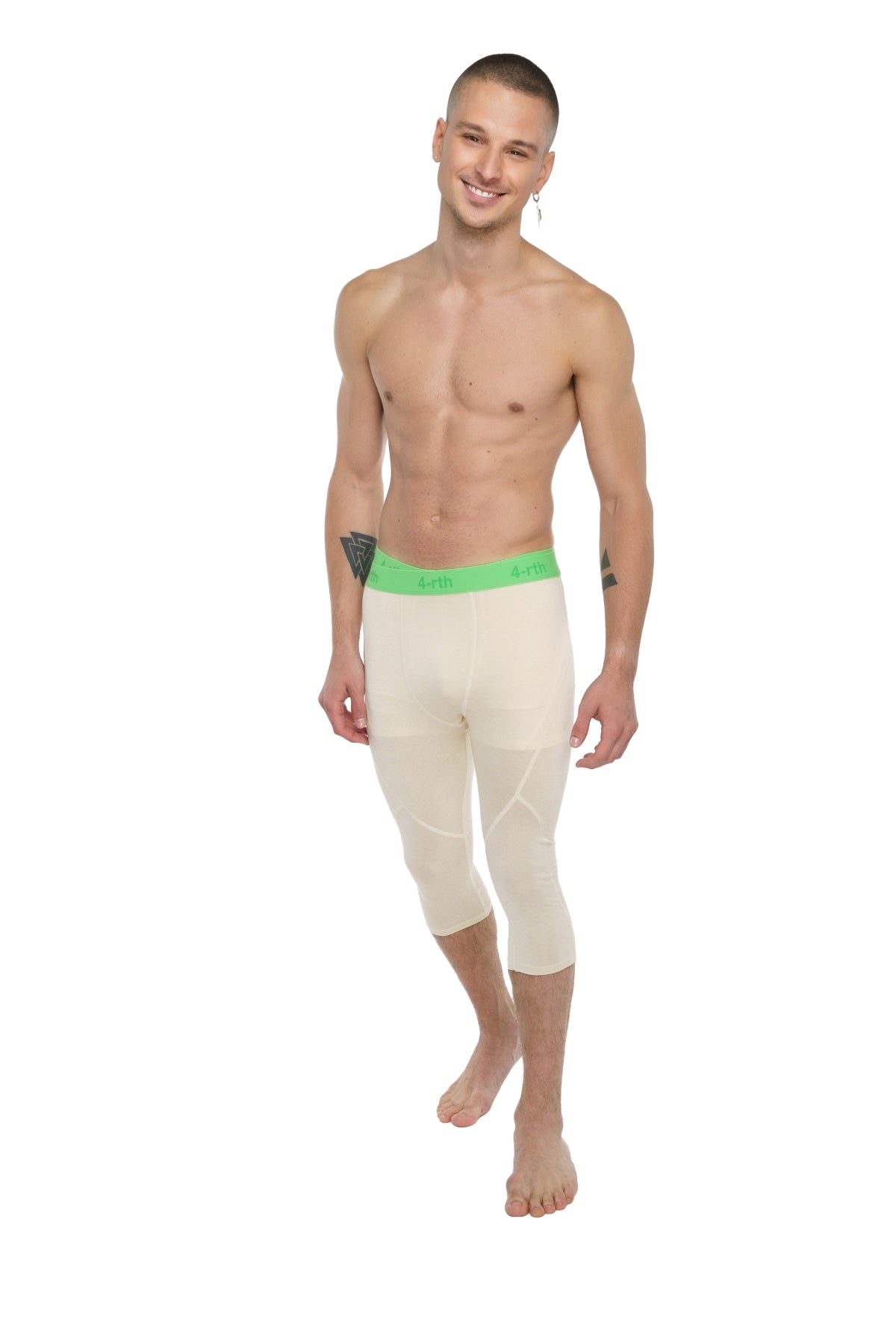 Performance yoga leggings 3/4 in sand beige with cream-colored compression fabric and bright green waistband