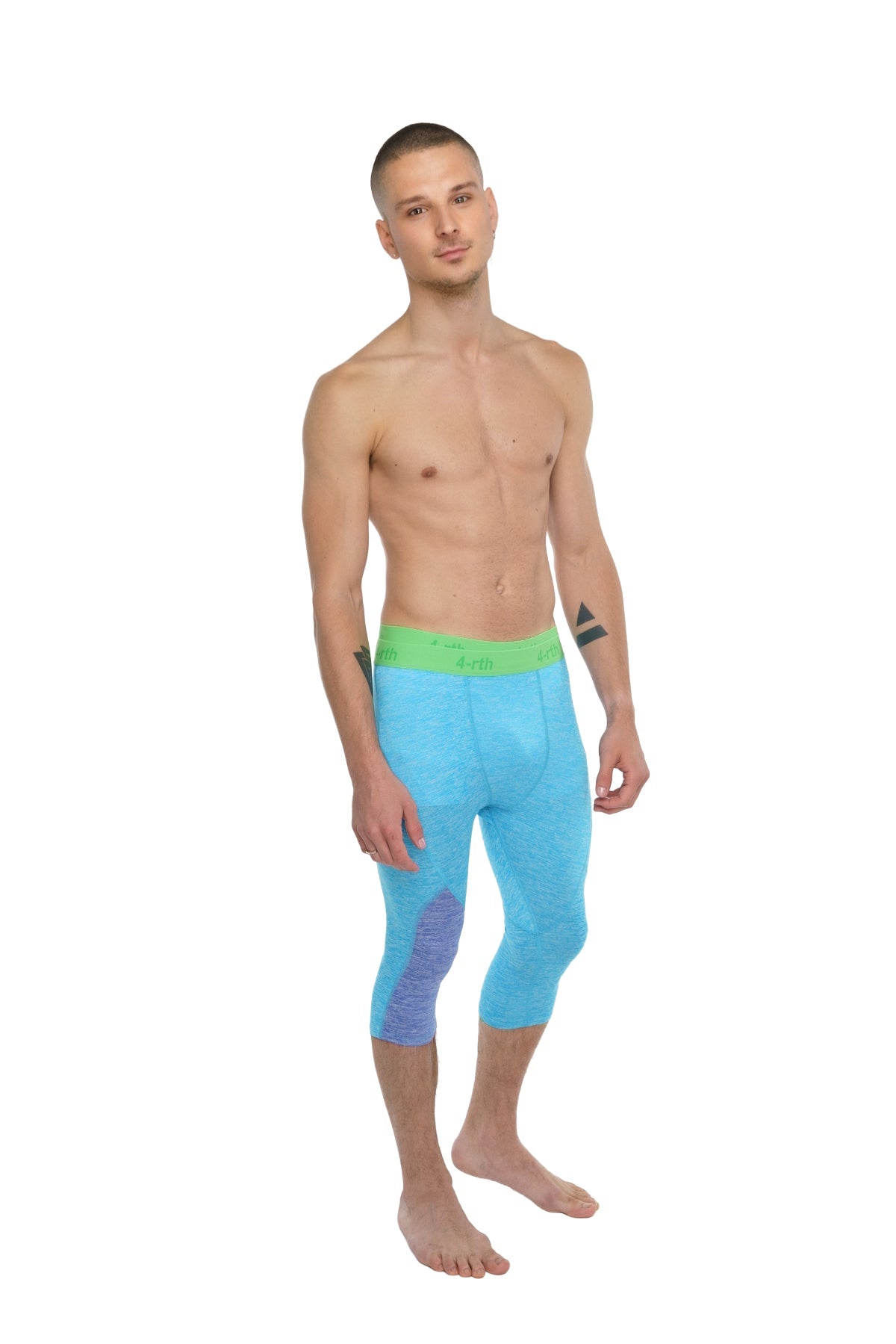 Performance yoga leggings 3/4 in light blue with vibrant green waistband and subtle purple gradient on left thigh
