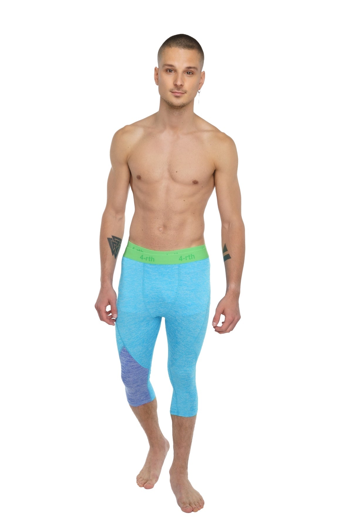 Performance yoga leggings 3/4 in light blue with vibrant green waistband and subtle purple gradient side detailing