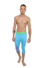 Performance yoga leggings 3/4 in light blue with vibrant green waistband and subtle purple gradient side detailing