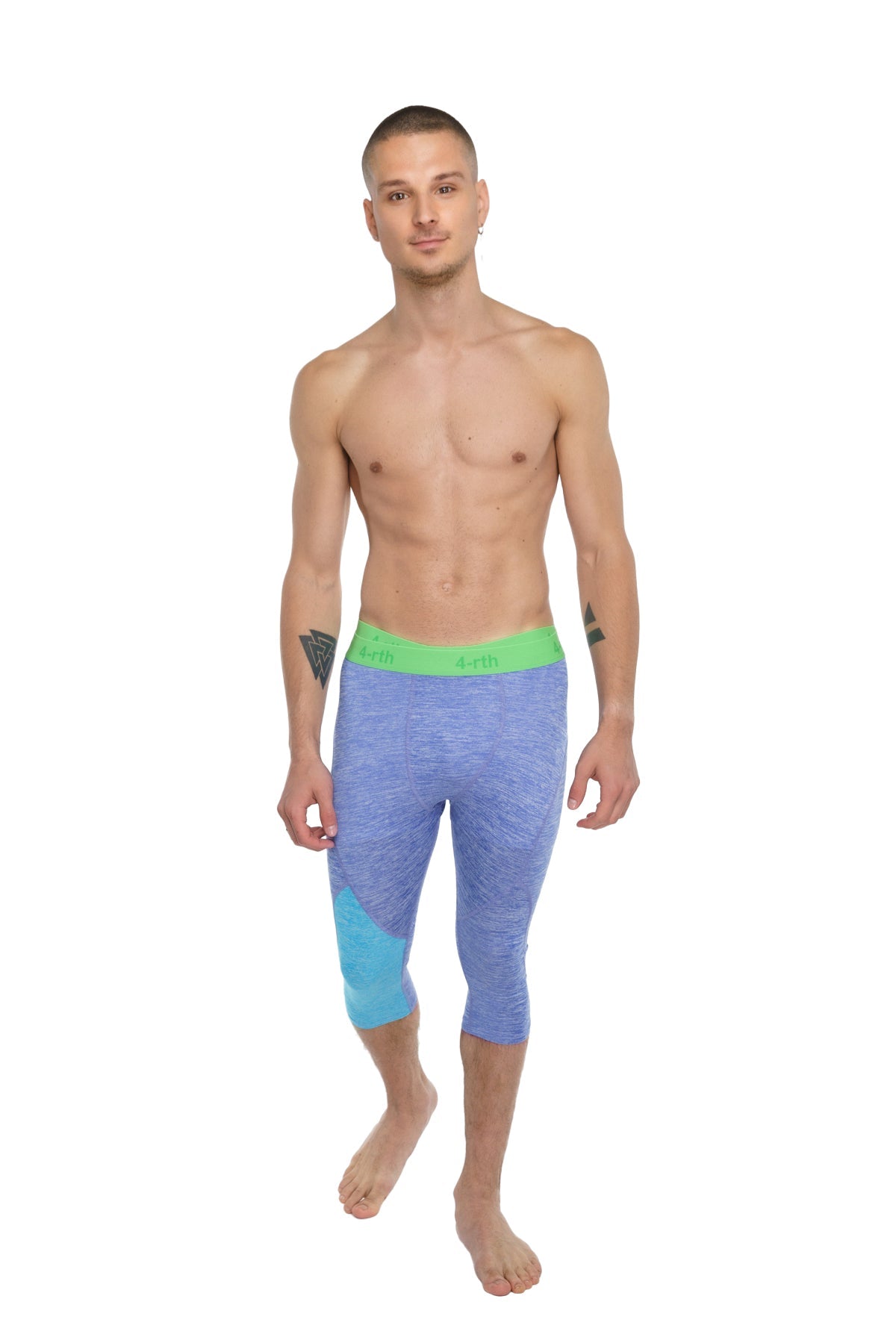 Performance yoga leggings 3/4 with blue and teal gradient capri design and bright green waistband in lavender heather