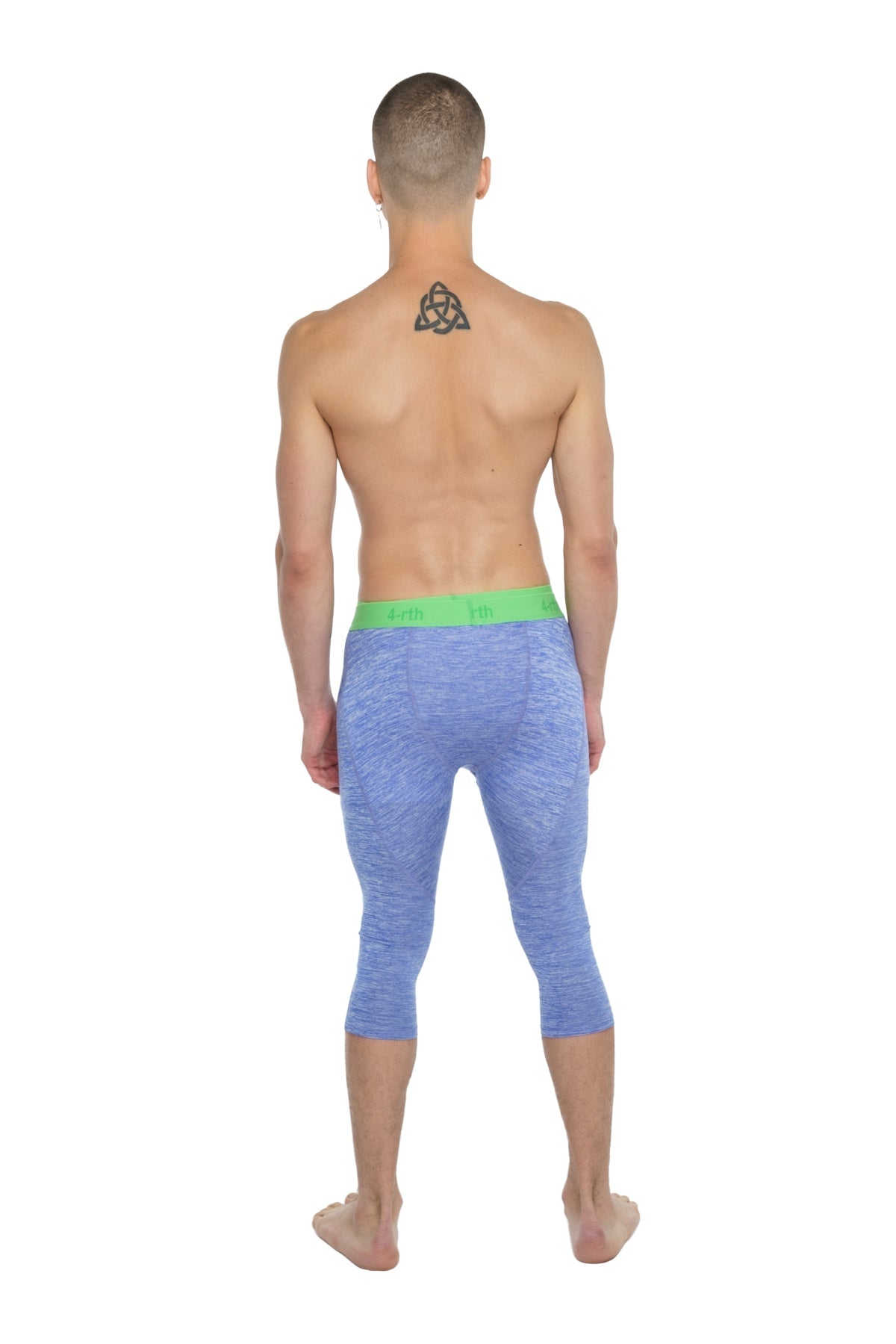 Performance yoga leggings 3/4 in blue heathered fabric with bright green waistband for active wear