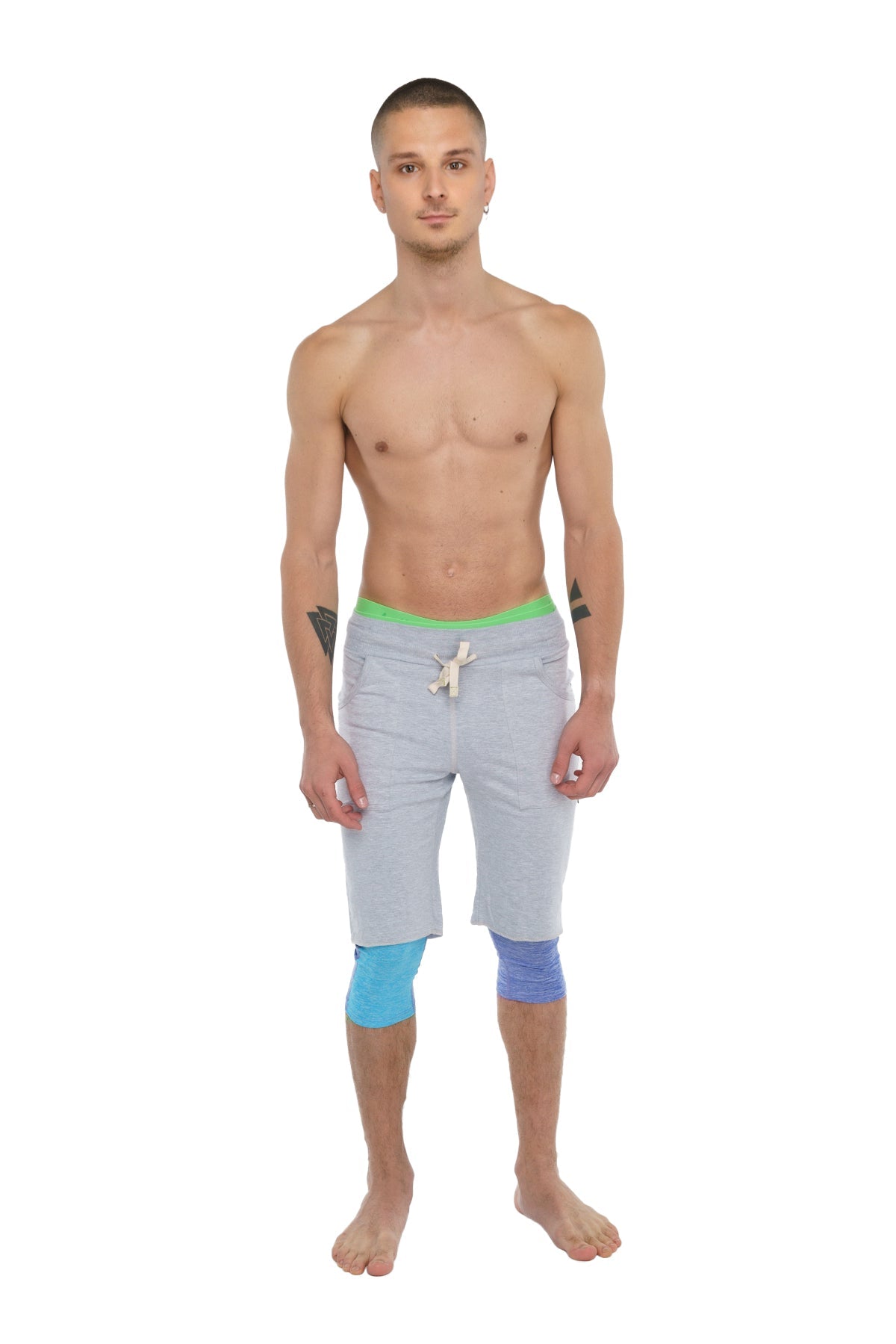 Performance yoga leggings 3/4 lavender heather with light gray shorts, bright green waistband, and blue knee patches