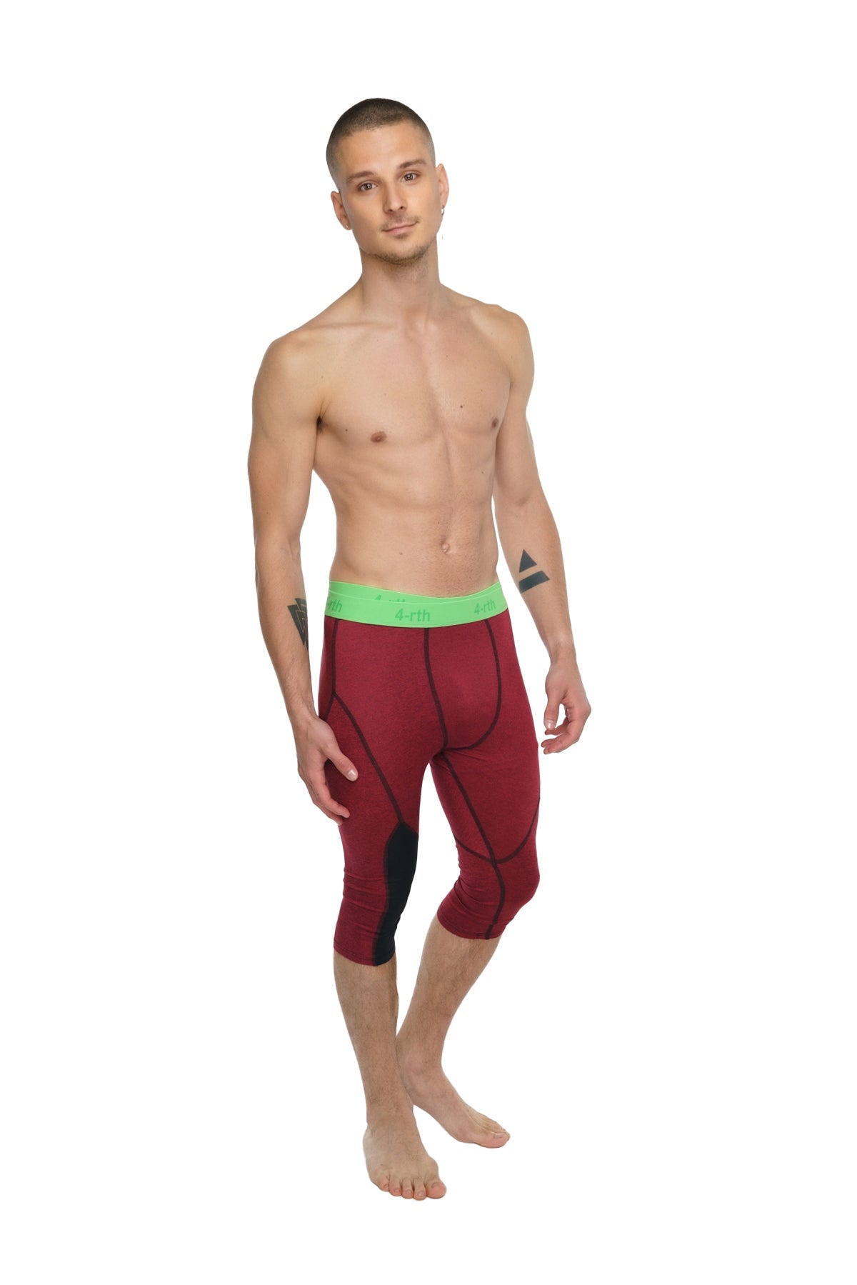 Performance yoga leggings 3/4 in brick red heather with bright green waistband and black panel accents for activewear