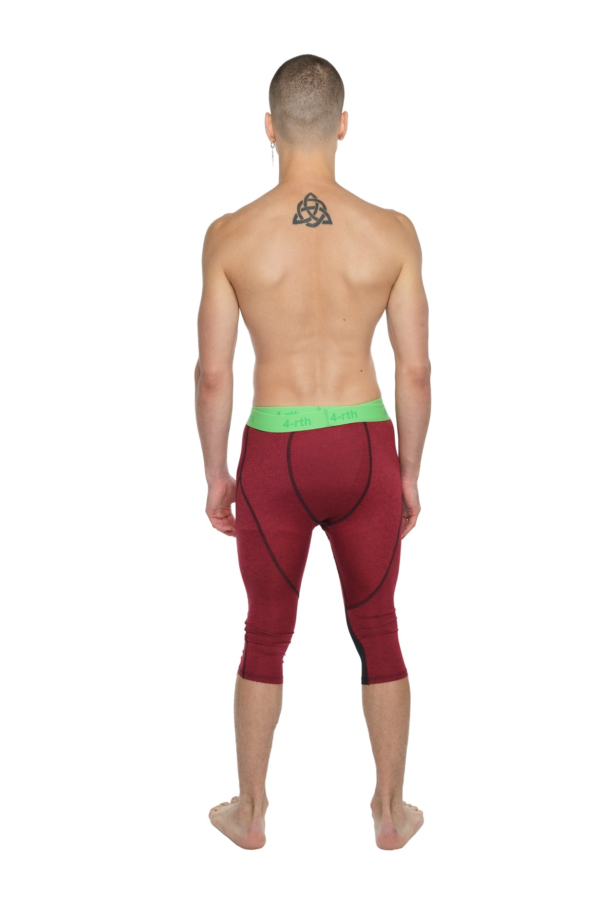 Maroon performance yoga leggings 3/4 with bright green waistband designed for comfort and flexibility during workouts