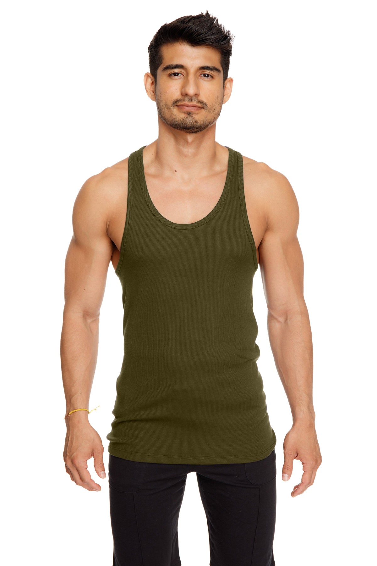 Olive green sleeveless sustain tank top with simple fitted design made from sustainable material for casual wear