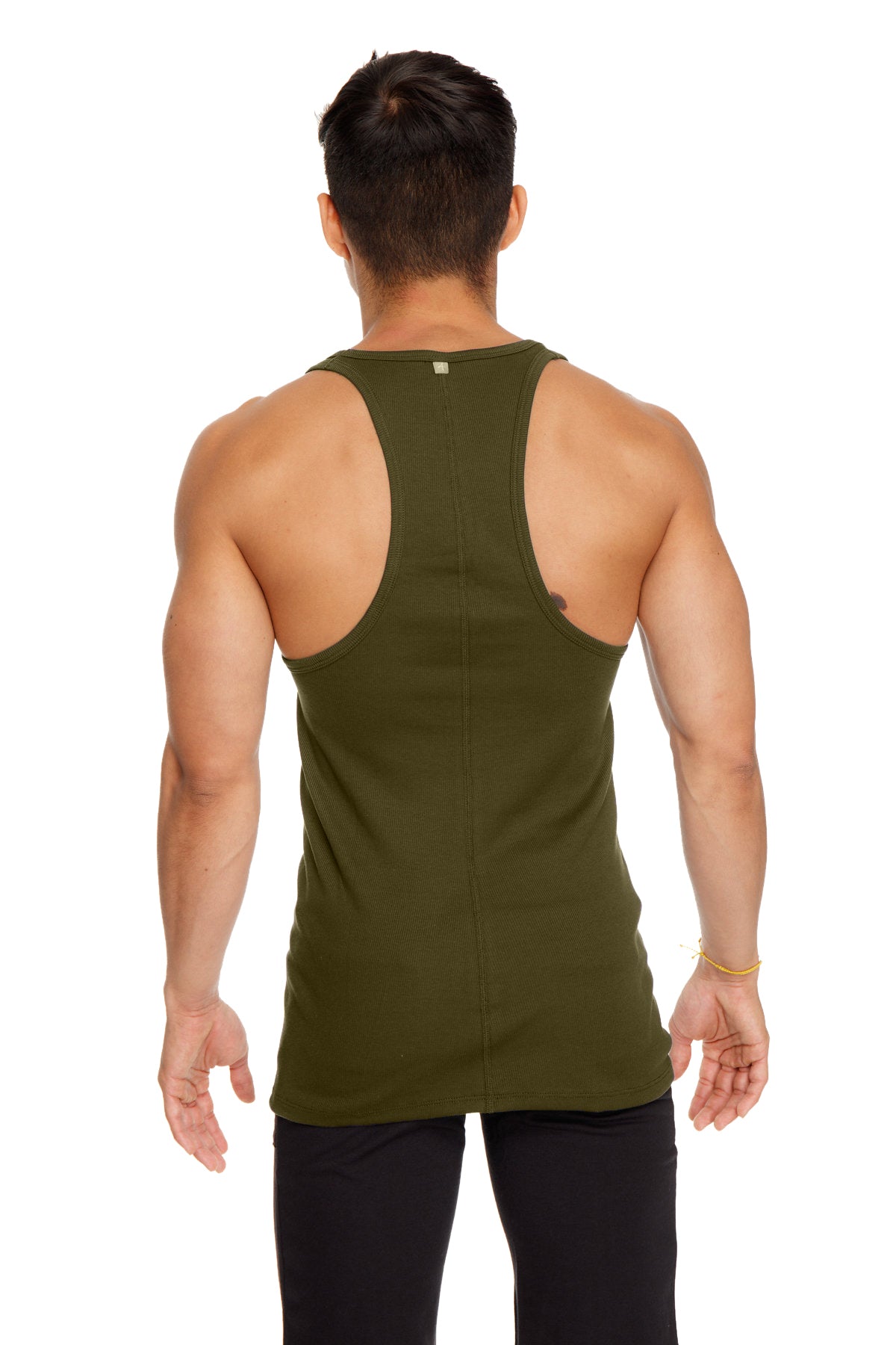 Olive green racer-back yoga tank top in breathable fabric shown from the back for active wear