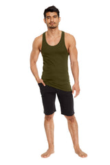 Olive green racer-back yoga tank sleeveless top made from breathable fabric shown from the back side