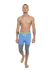 Transition yoga short ice blue two-tone blue and gray swim trunks with lime green waistband and white drawstring