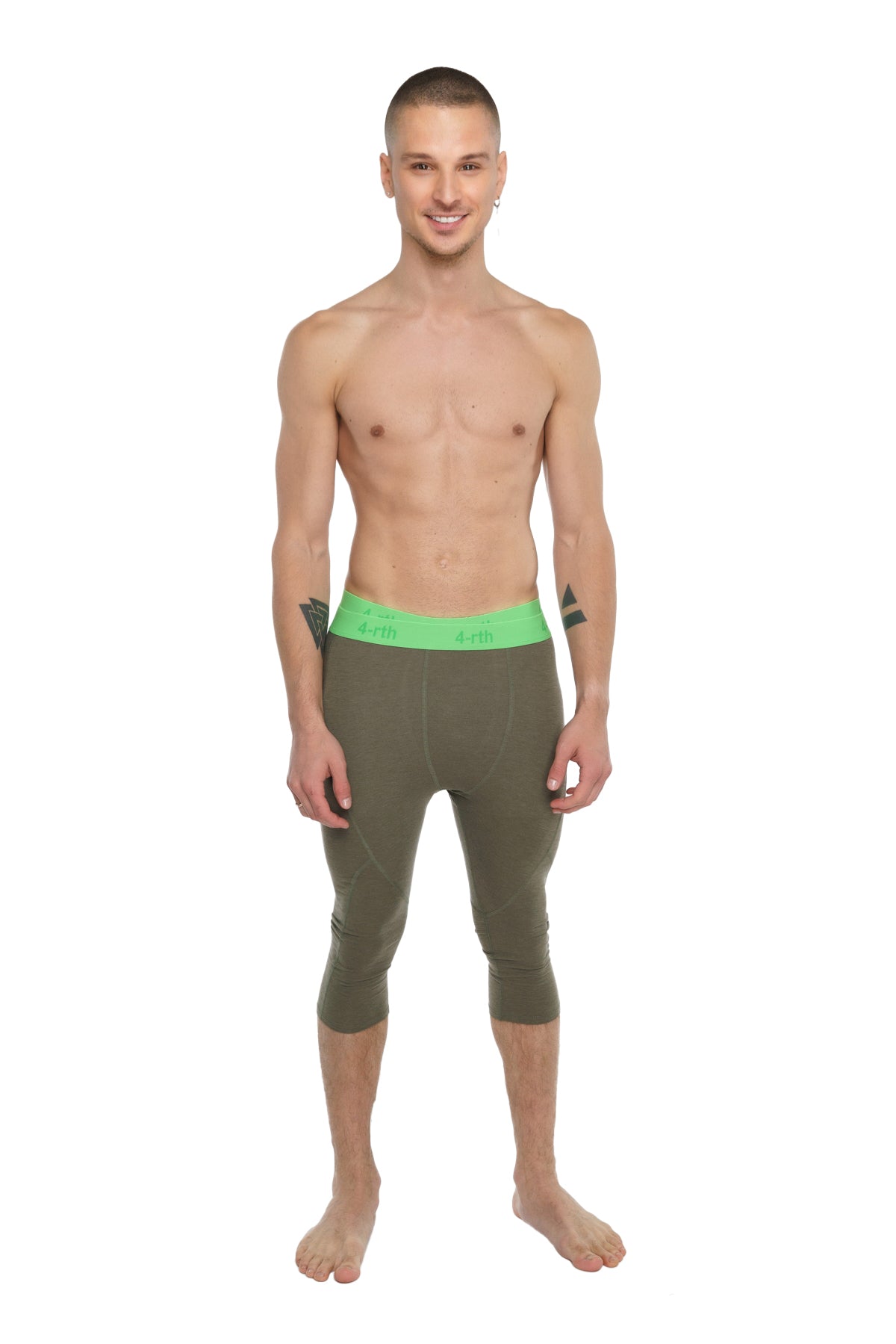 Olive green capri-length performance yoga leggings with neon green calvin klein waistband for active wear