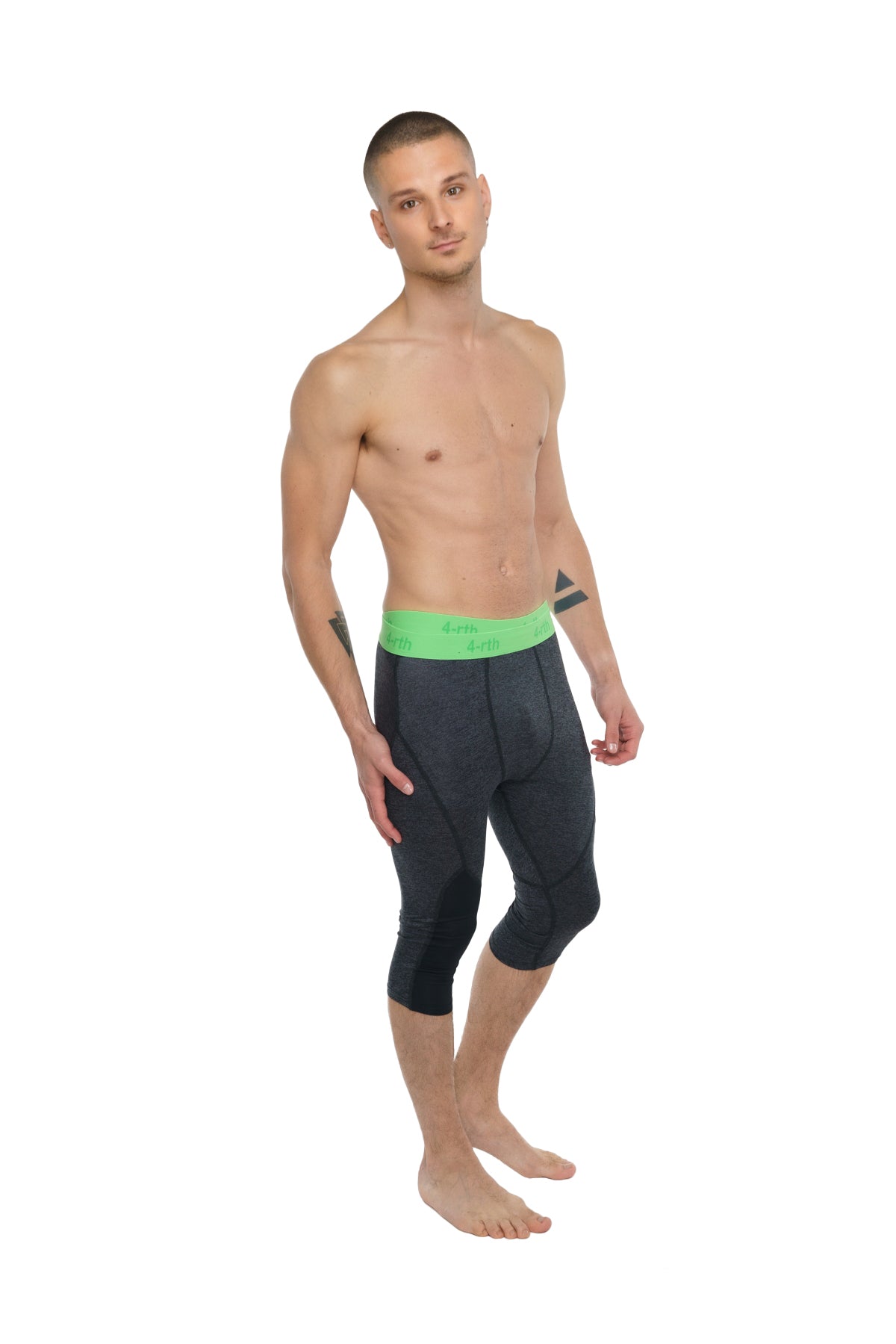 Black compression capri leggings with bright green waistband designed for performance yoga in charcoal heather fabric