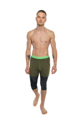 Performance yoga leggings 3/4 in charcoal heather with olive green and black shorts and neon green drawstring waistband