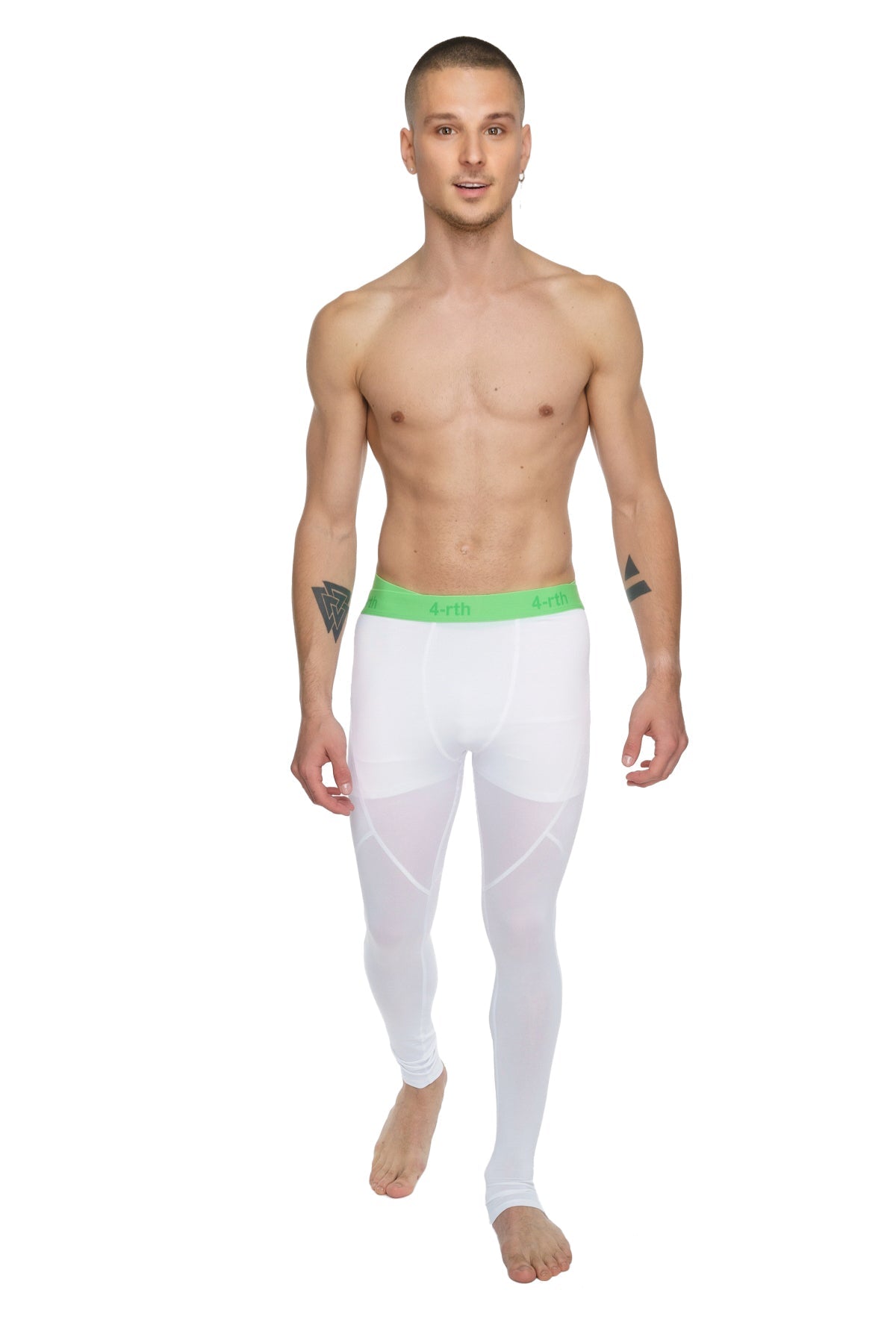 White performance yoga leggings with bright green waistband and brand logo designed for long wear