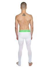 Performance yoga leggings long arctic white with a bright green waistband made for comfort and flexibility