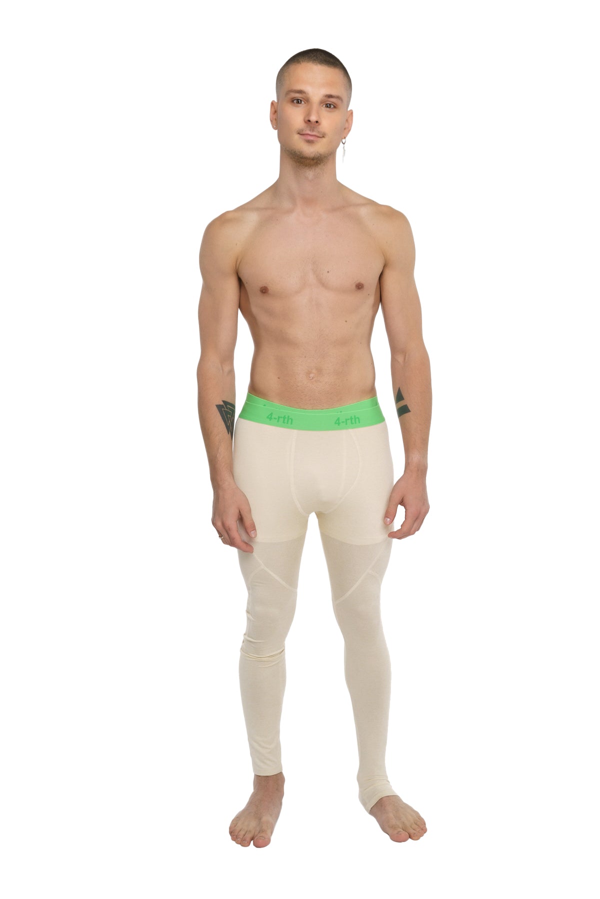 Cream-colored performance yoga leggings with bright green calvin klein waistband in sand beige long style