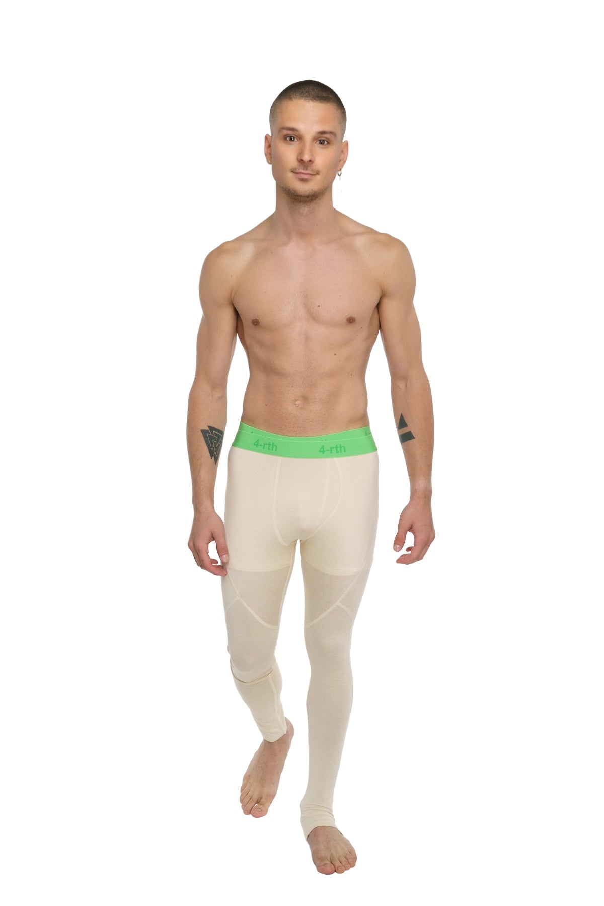 Cream-colored performance yoga leggings with a bright green waistband featuring jordi branding in sand beige color