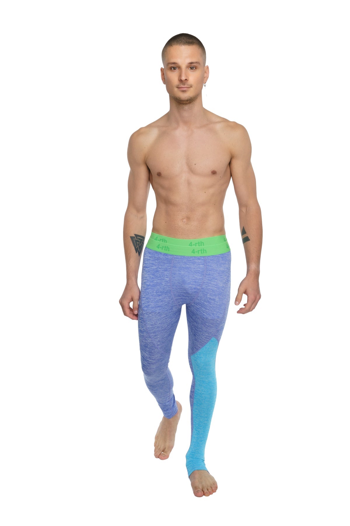 Performance yoga leggings long in blue and turquoise gradient with bright green waistband for athletic use