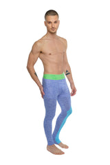 Performance yoga leggings long lavender heather in blue and teal textured fabric with bright green waistband