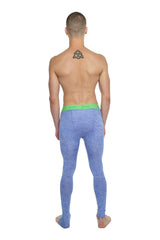 Performance yoga leggings long in blue heather textured fabric with a bright green waistband for active wear