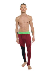 Performance yoga leggings long in brick red heather with bright green waistband and black athletic detailing