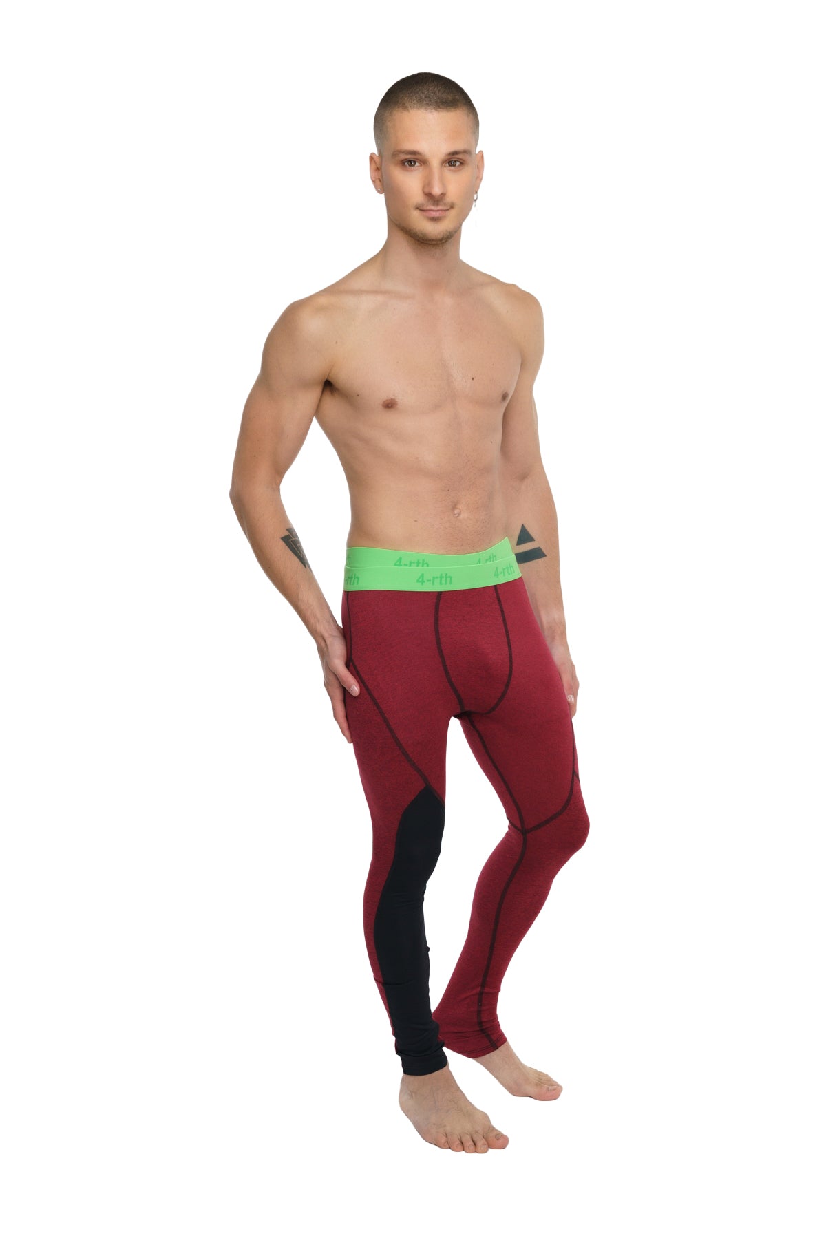 Performance yoga leggings long in brick red heather with red and black fabric and a bright green waistband
