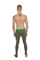 Performance yoga leggings long in olive green with bright neon green waistband designed for compression and flexibility