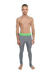 Gray merino wool performance yoga leggings long with bright green calvin klein logo waistband steel heather color