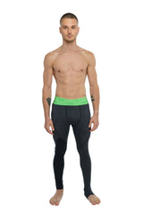 Performance yoga leggings long charcoal heather with bright green waistband and white text in black athletic fabric
