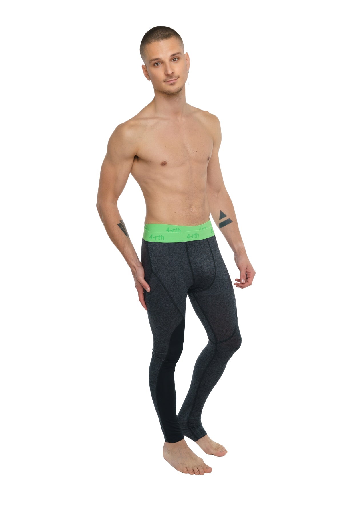 Black performance yoga leggings with bright green waistband and white text featuring triangular logos charcoal heather