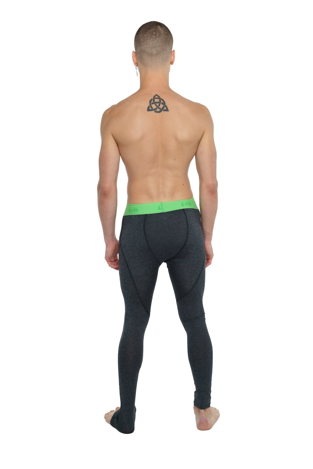 Black performance yoga leggings with a bright green waistband in charcoal heather for long lasting comfort
