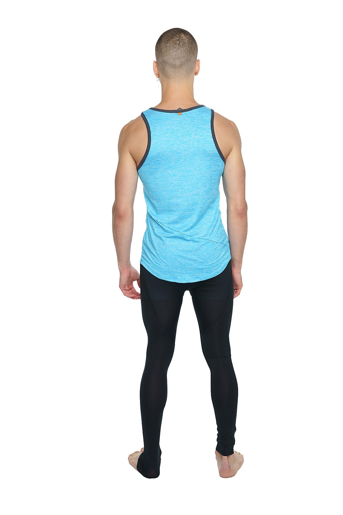 Aqua blue sleeveless athletic tank top with black trim along the neckline and armholes called the perfect tank