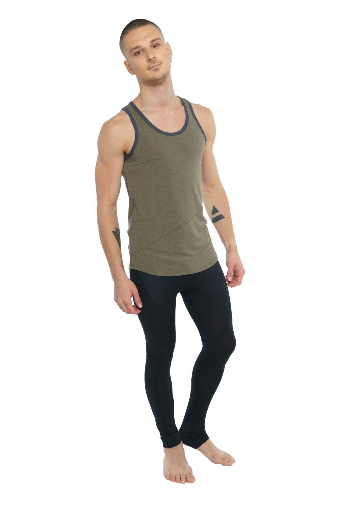 Olive green racerback tank top with dark gray trim in heather fabric showing the back side of the perfect tank