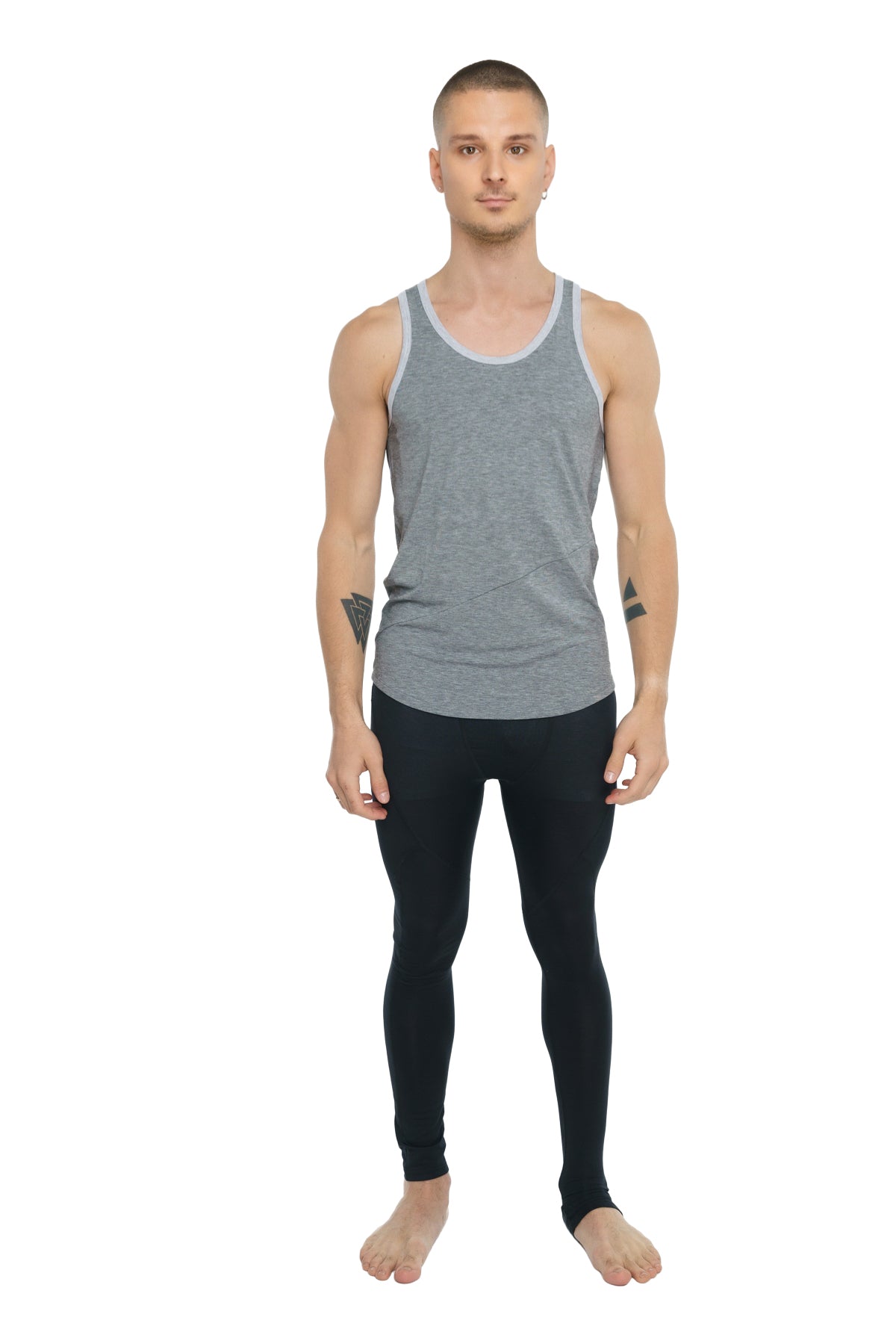 Gray heathered tank top with light gray trim in steel heather fabric ideal for casual and active wear