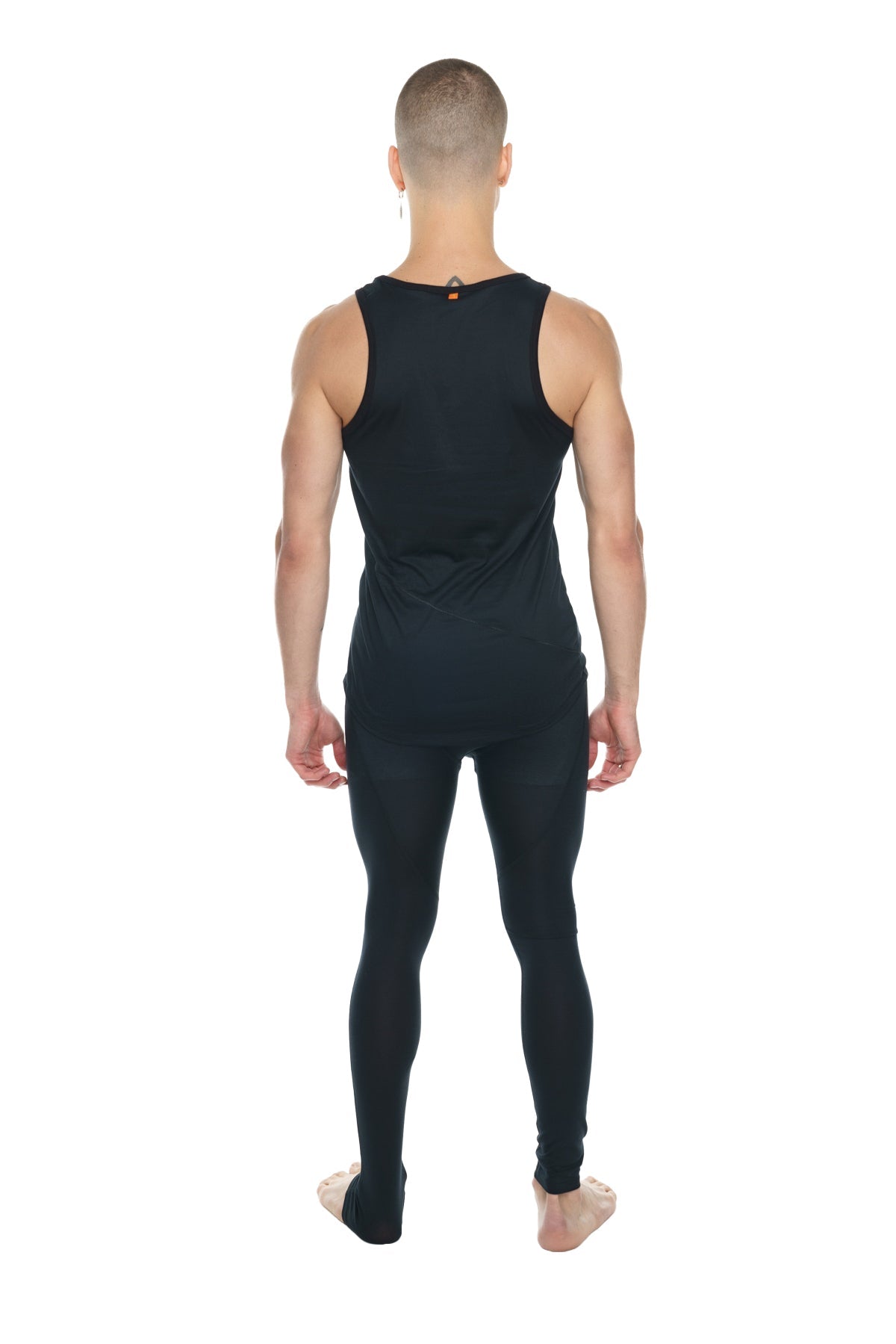 Black carbon sleeveless fitted athletic tank with small orange accent at the neckline perfect for workouts