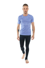 A men’s short-sleeved athletic crew-neck shirt in lavender heather fabric with a fitted design and perfect pocket