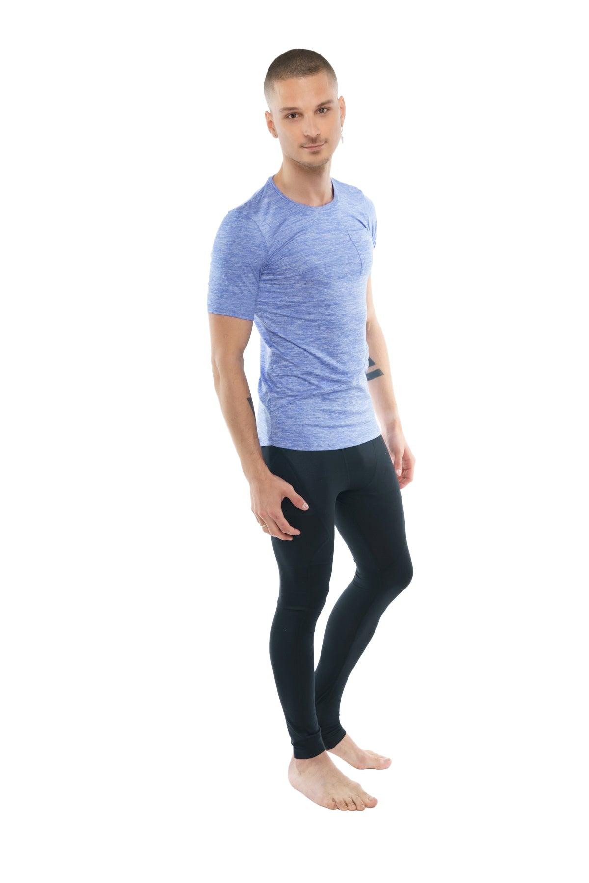 Light blue textured short sleeve athletic shirt with crew neck and pocket in lavender heather fabric