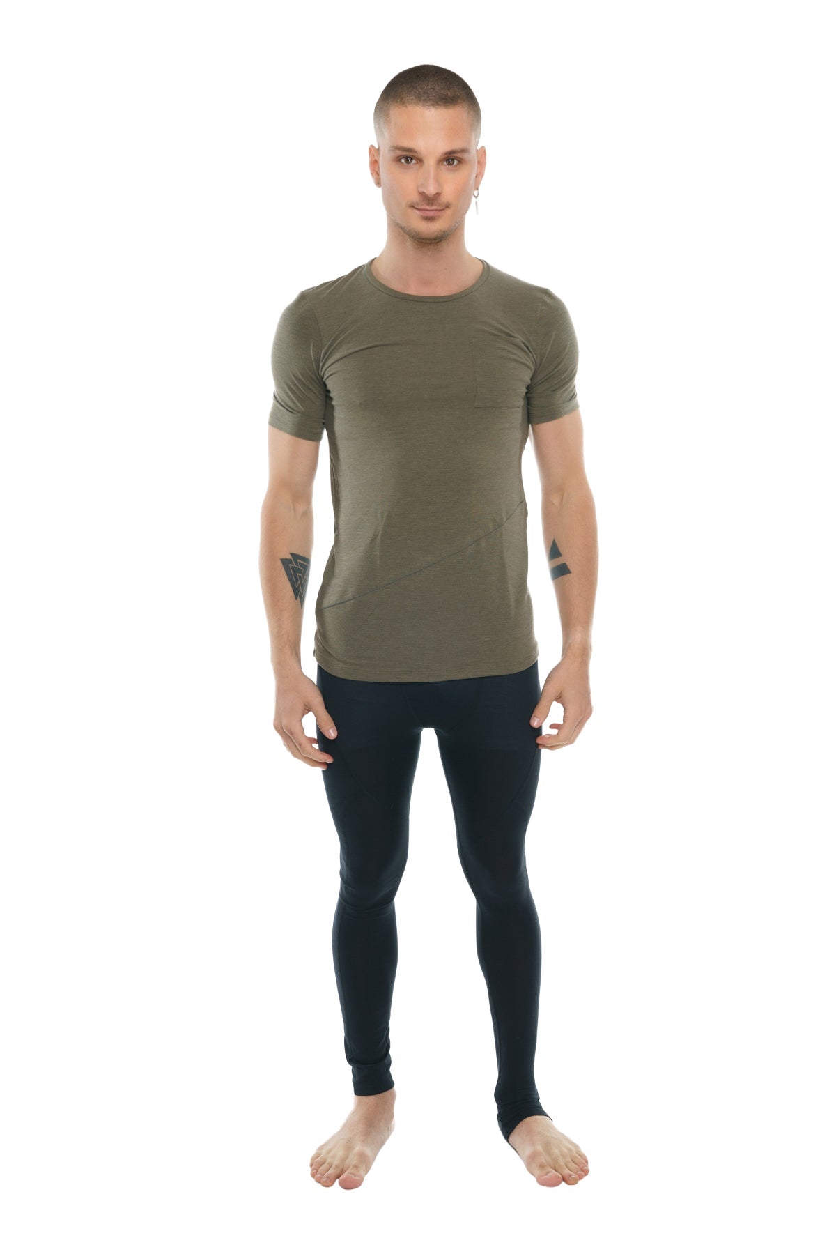 Olive green short-sleeved athletic crew-neck tee with a perfect pocket designed for activewear use