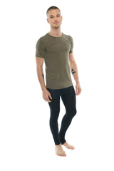 Olive green short-sleeved athletic t-shirt with subtle textured panels and perfect pocket crew-neck design