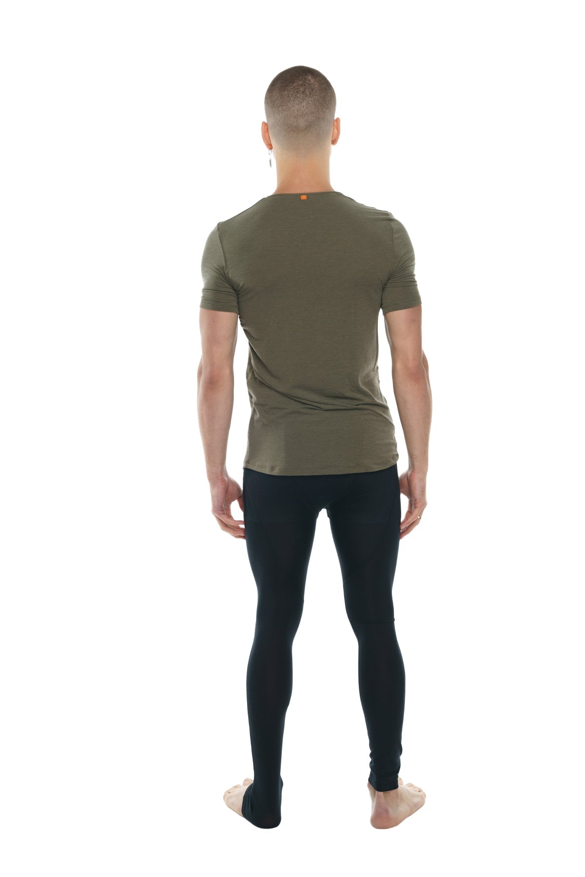 Olive green short-sleeved perfect pocket crew neck tee with subtle orange logo at neckline