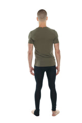 Olive green short-sleeved perfect pocket crew neck tee with subtle orange logo at neckline