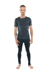 Dark gray short-sleeved athletic perfect pocket crew-neck tee with subtle textured pattern charcoal heather fabric